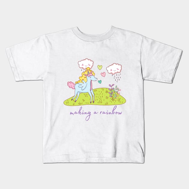 Cute Little Unicorn Making a Rainbow Kids T-Shirt by Vegan Squad